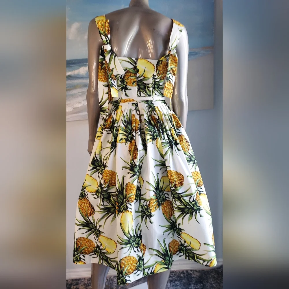 *□$2,400 NEW OSCAR DE LA RENTA PINEAPPEL MIDI RUNWAY DRESS US 10 M - Picture 4 of 16